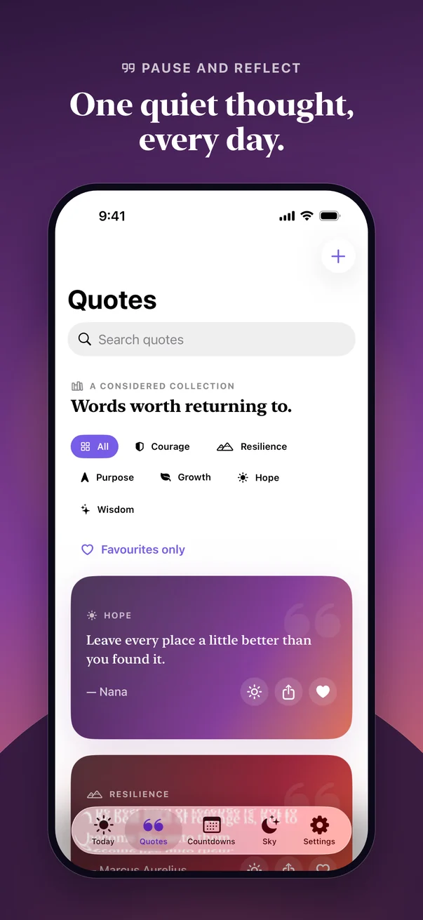 Quotes: a library filtered by theme, with a personal quote saved as a favourite.