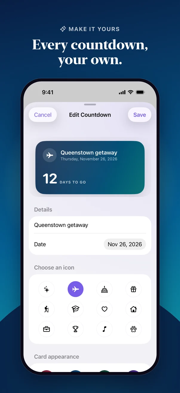 Editing a countdown: a live preview card, the date, and a grid of symbols.