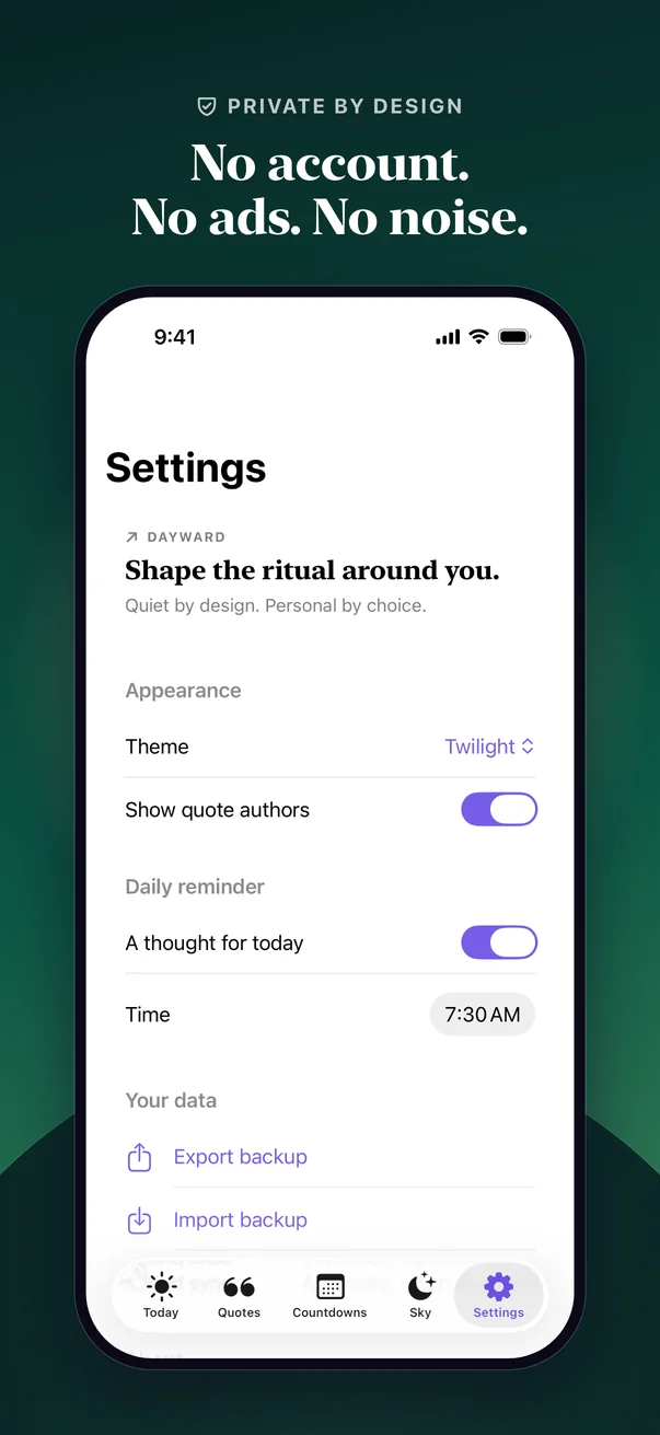 Settings: theme, daily reminder, backup and iCloud sync, with no account.