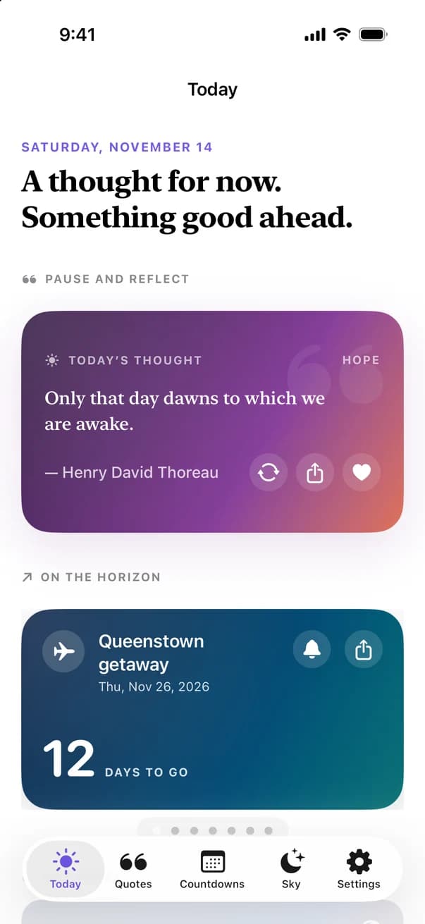 Dayward’s Today screen, with a daily quote and the next countdown